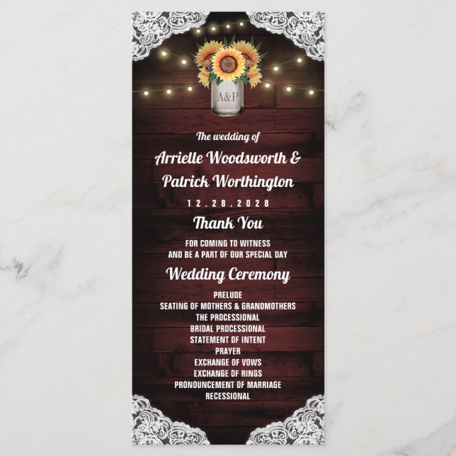 Programas de Casamento de Locais de Madeira de Sun (Frente)