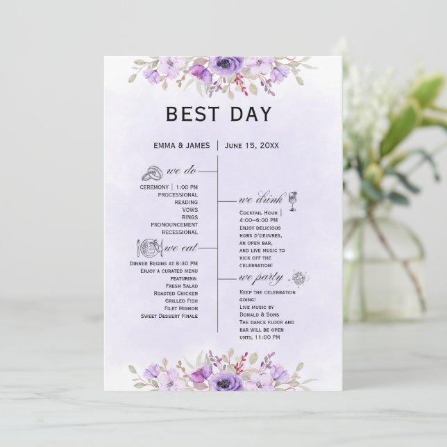 Programas de Casamento Florais Roxos Clássicos (Em pé/Frente)