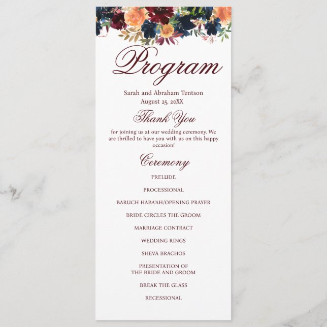 Programas de Casamento Florais Vinho Borgonha Nava (Frente)