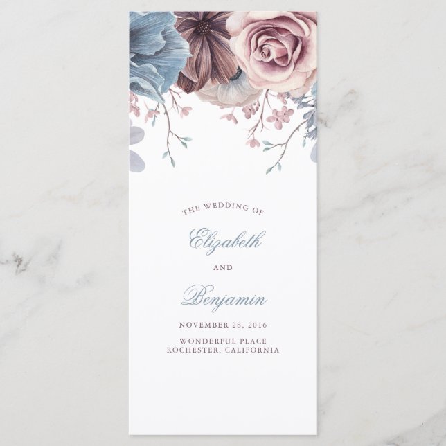 Programas de Casamento Floral Dusty Blue e Mauve (Frente)