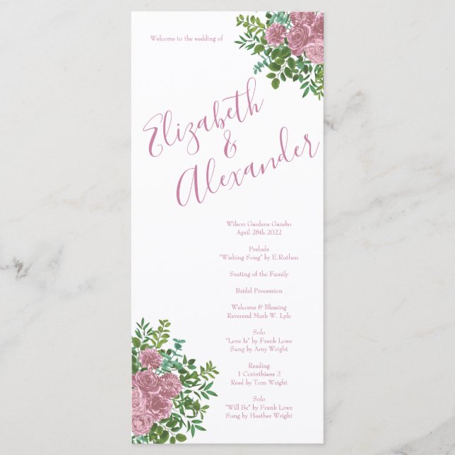 Programas de Casamento Floral e rosa claro de Rosa (Frente)