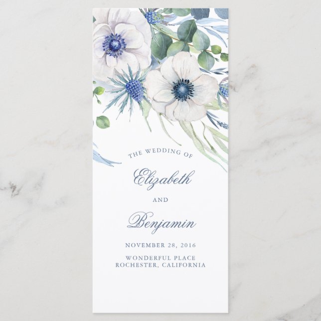 Programas de Casamento Floral Greenery Dusty Blue  (Frente)
