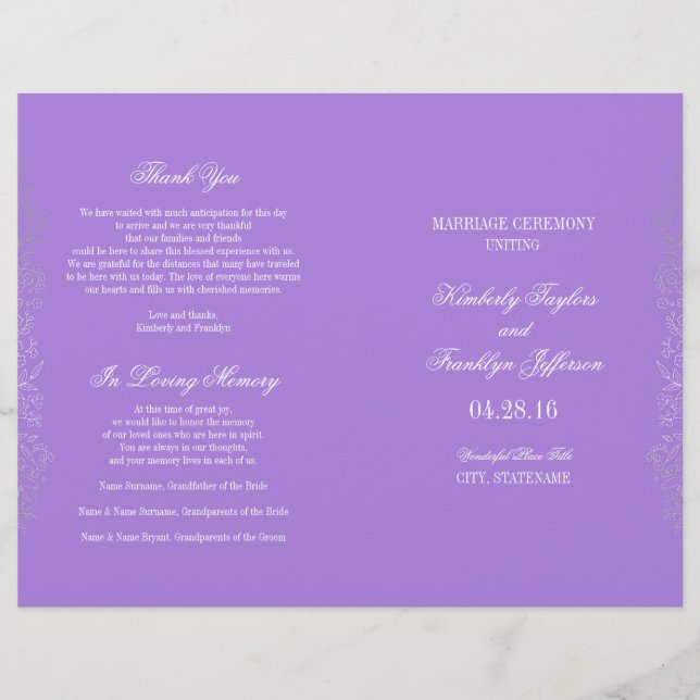 Programas de Casamento Floral Roxo Silver Vintage (Frente)