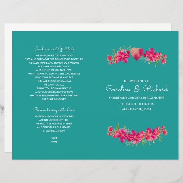 Programas de Casamento Floral Turquoise Fuchsia (Frente/Verso)