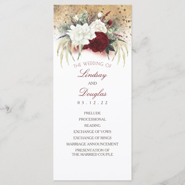Programas de Casamento Floral Vermelho Branco e Bo (Frente)