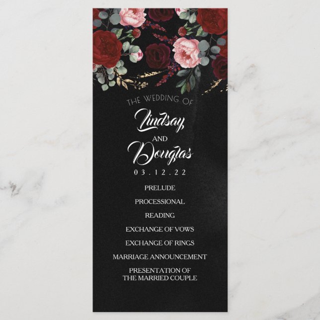 Programas de Casamento Floral Vermelho e Negro (Frente)