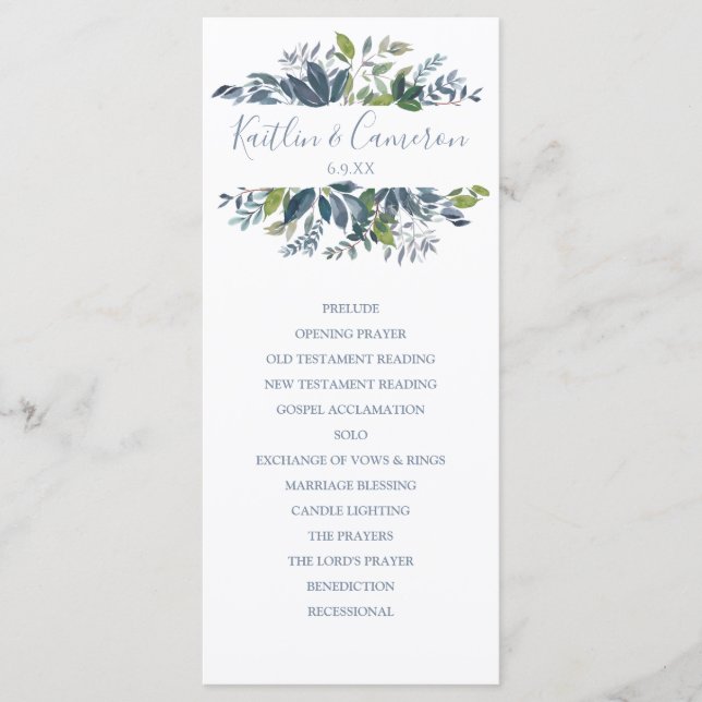 Programas de Casamento - Folhagem Pintada (Azul Em (Frente)
