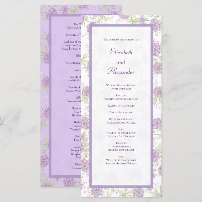 Programas de Casamento Rosa Roxo Lavanda (Frente/Verso)