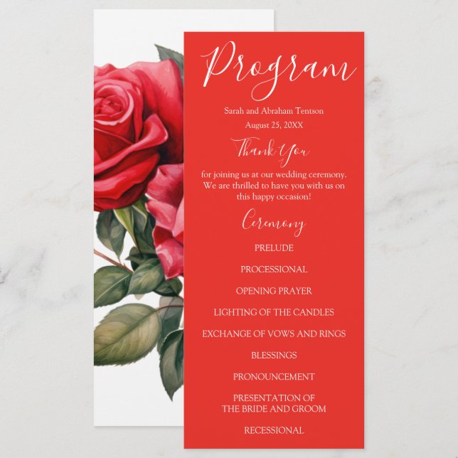 Programas de Casamento Rosas Vermelhas (Frente/Verso)