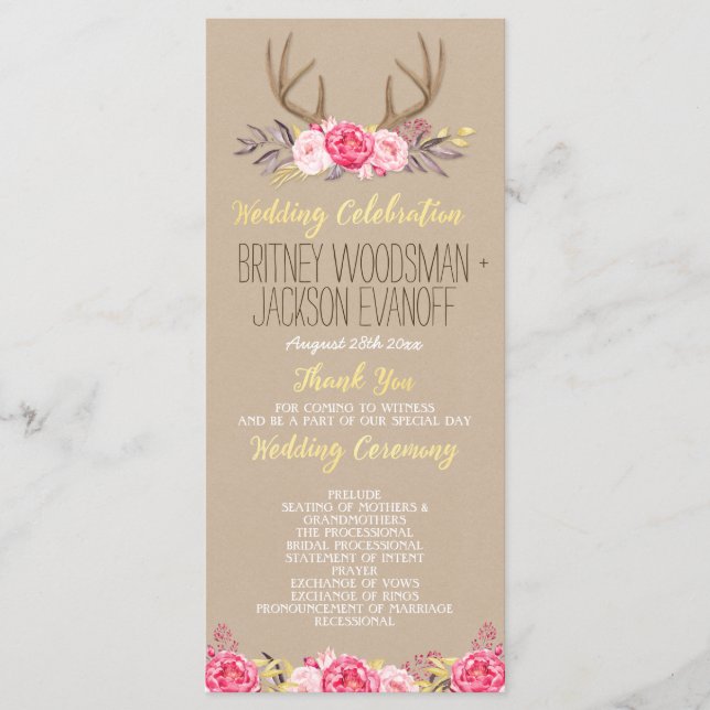 Programas de Casamento Rustic Floral Peony & Deer  (Frente)