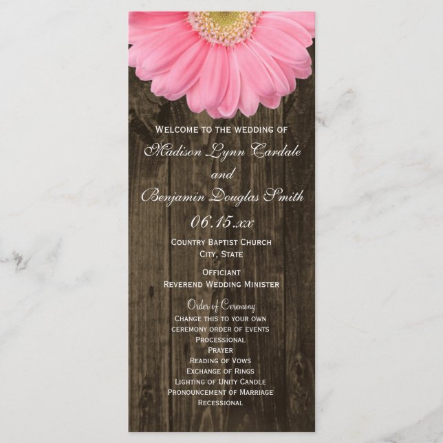 Programas de Casamento Rustic Wood Pink Gerber Dai (Frente)