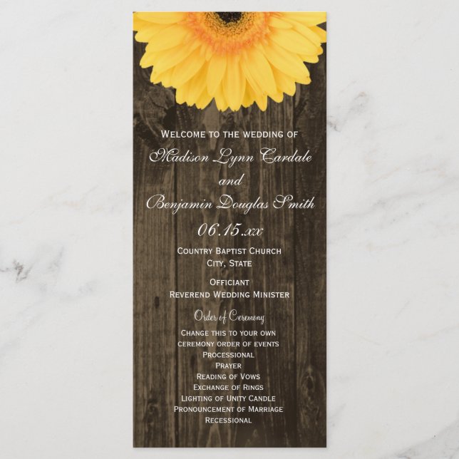 Programas de Casamento Rustic Wood Yellow Gerber D (Frente)