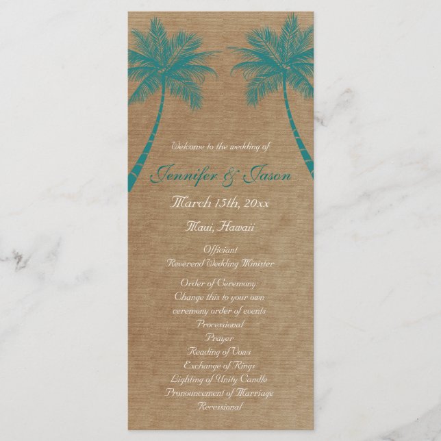Programas de Casamento Tropical de Palm Trees Teal (Frente)