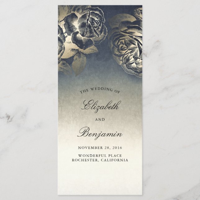 Programas de Casamento vintage Azul Dourado e Mari (Frente)