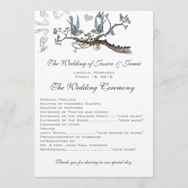 Programas de Casamento Vintage Bluebird (Frente)