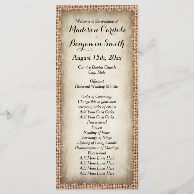 Programas de Casamento vintage Rustic Country Burl (Frente)
