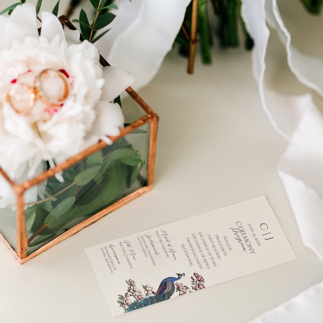 Programas de Ordem de Serviço Floral de Peacock El (Elegant Ivory Floral Wedding Ceremony Program. Modern  Hand-Drawn Rustic Peacock, Magnolia Flowers. )