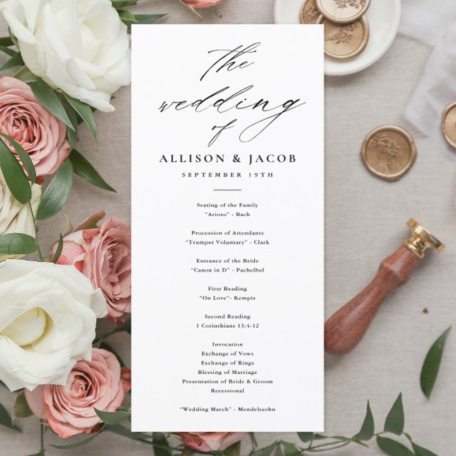 Programas Elegante de Casamento Preto e Branco (Elegant Script Black and White Wedding Program.)