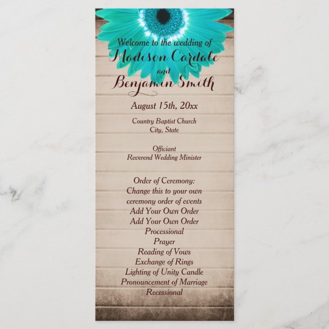 Programas Rustic Barn Wood Teal Daisy Wedding (Frente)