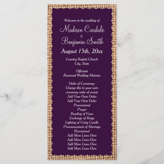 Programas Rustic Country Burlap Purple Wedding (Frente)