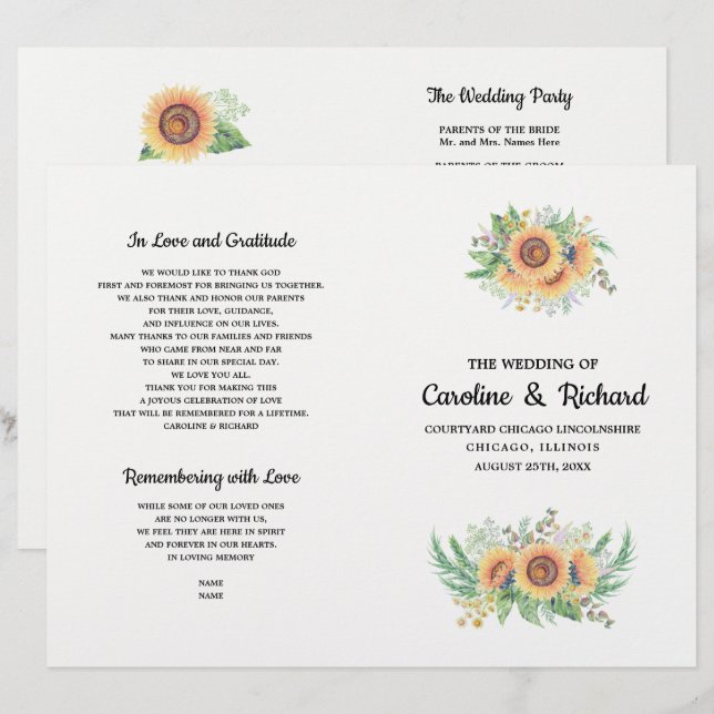 Programas Rustic Country Sunflower Folded Wedding  (Frente/Verso)