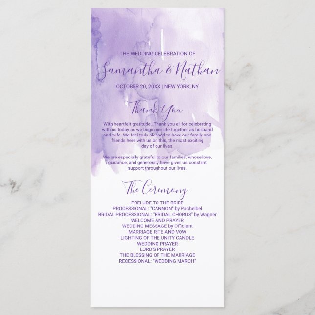 Programas Violet Purple Watercolor Splash Wedding (Frente)