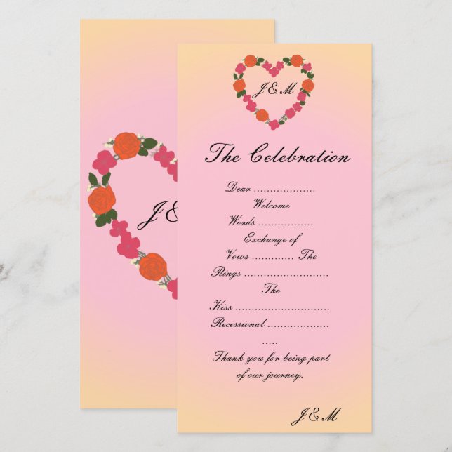 Programme de mariage rose et orange cœur floral (Frente/Verso)
