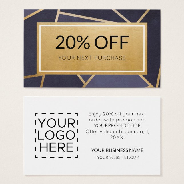 Promo Code Modern Navy Blue Gold Discount Cards (Frente & Verso)