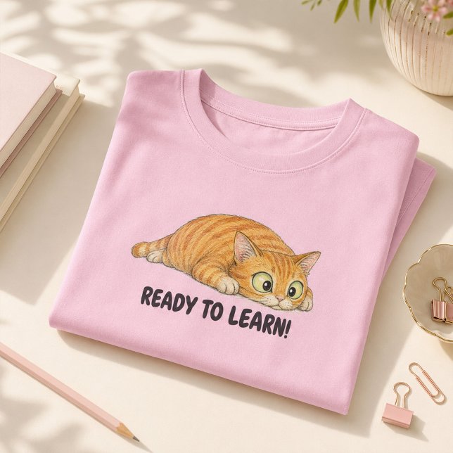 Prontas para Aprender Camisas da Escola de Gatas L (Ready to Learn Funny Orange Cat Girls School T-Shirt)