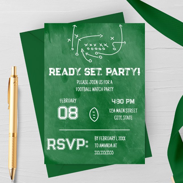 Pronto, Vamos Festejar Convite para Festa de Futeb (Ready Set Party | Xs and Oxs | Football Watch Party Invitation | Green Chalkboard)