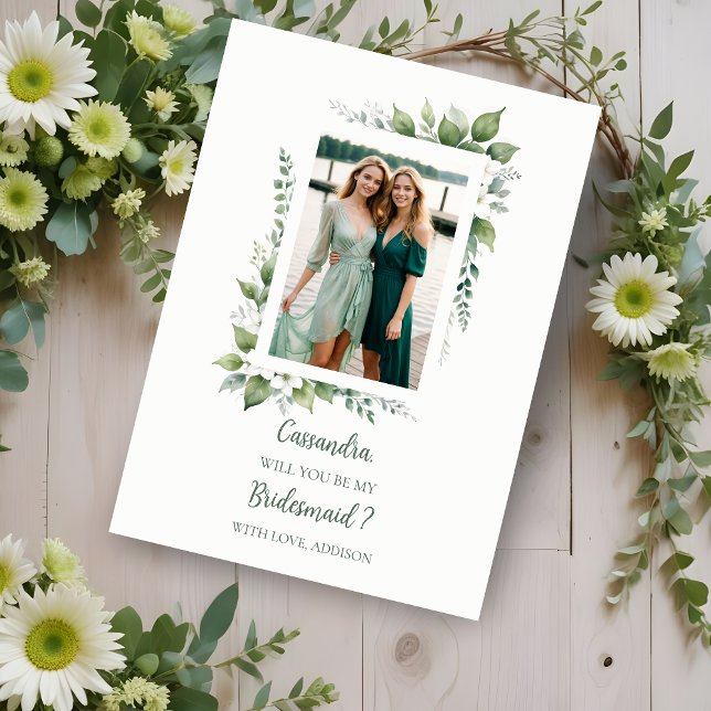 Proposta de Fotografia de Bridesmaid com Quadro de (Cherish Cute Green Foliage Frame Bridesmaid Photo Proposal Card.)