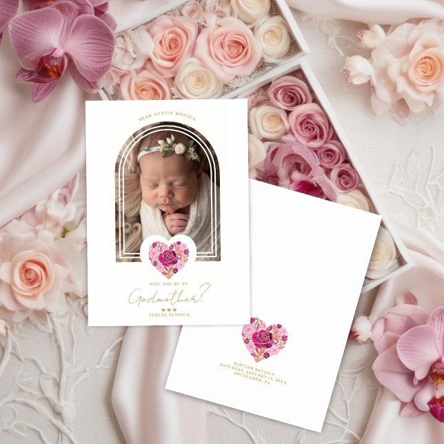 Proposta de Padrinhos com Coração Floral Rosa (Romantic Pink Floral Heart with Gold Effect Godparents Baptism Proposal Card Design )