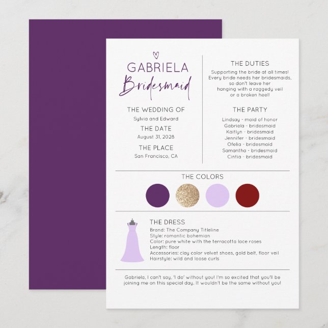 Proposta e informações da Purple Bridesmaid (Frente/Verso)