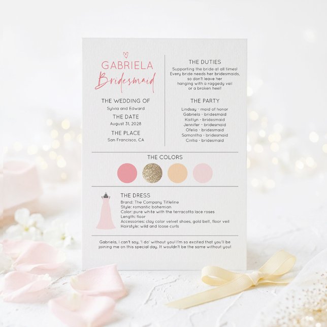Proposta e Informações para Damas de Honra Rosa (Pink and Gold Bridesmaid Proposal Information Card)