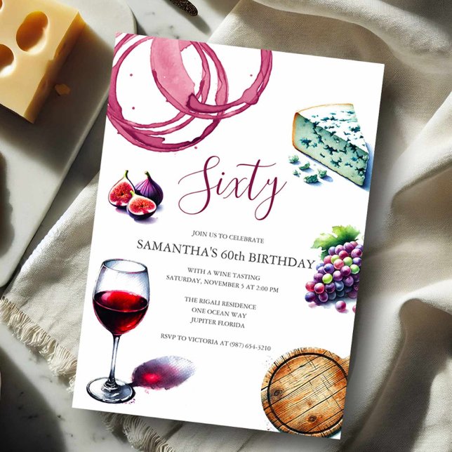 Provando 60.o Convite de aniversário (60th Birthday party invitations watercolor charcuterie wine and cheese )