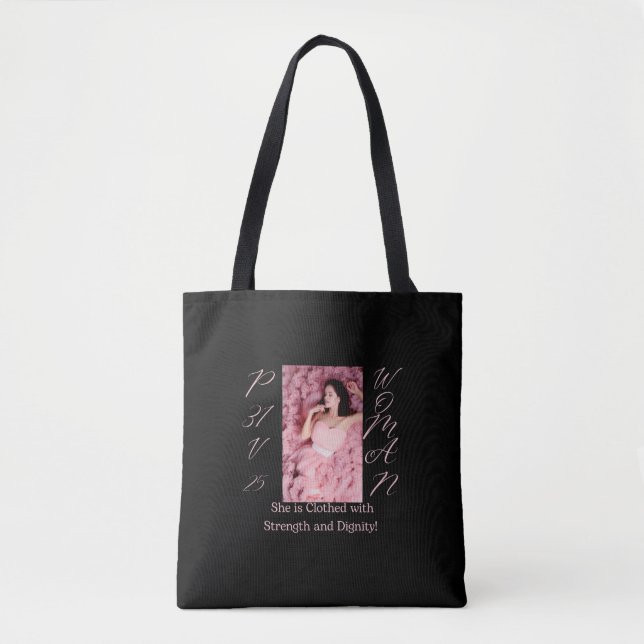 Provérbios 31 Tote Bag Rosa e Preto para Mulheres (Frente)