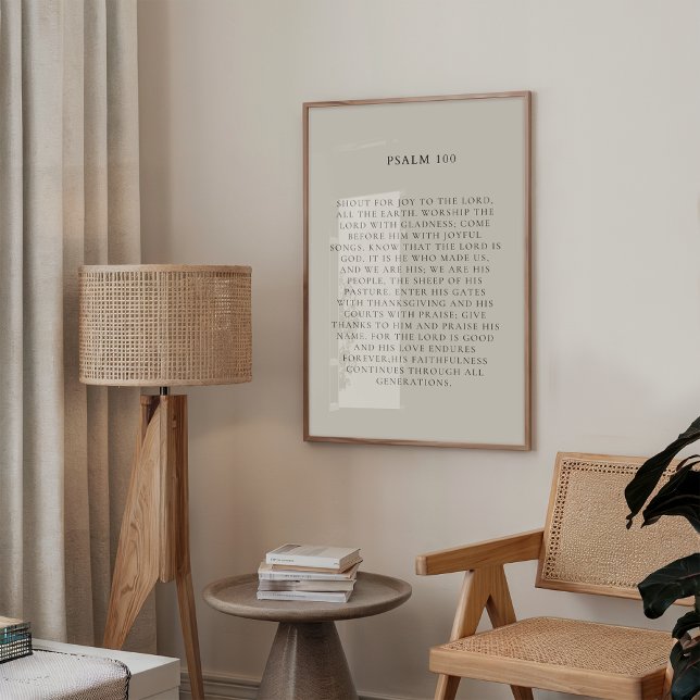 Psalm 100 Christian Fall Impressão (Minimalist Christian beige wall art featuring Psalm 100 in elegant black bold typography. )