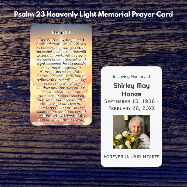 Psalm 23 Cartão De Oração Memorial De Luz Celestia (Psalm 23 Heavenly Light Memorial Prayer Card)