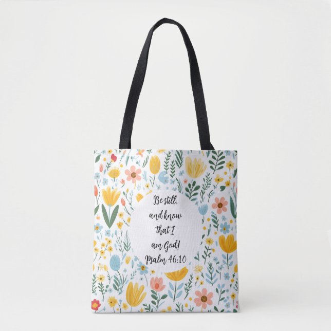 Psalm 46:10 Floral Tote Bag (Frente)