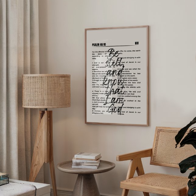 Psalm 46 Fall Christian Wall Poster (Minimalist Christian wall art featuring Psalm 46:10 in elegant black bold typography. )