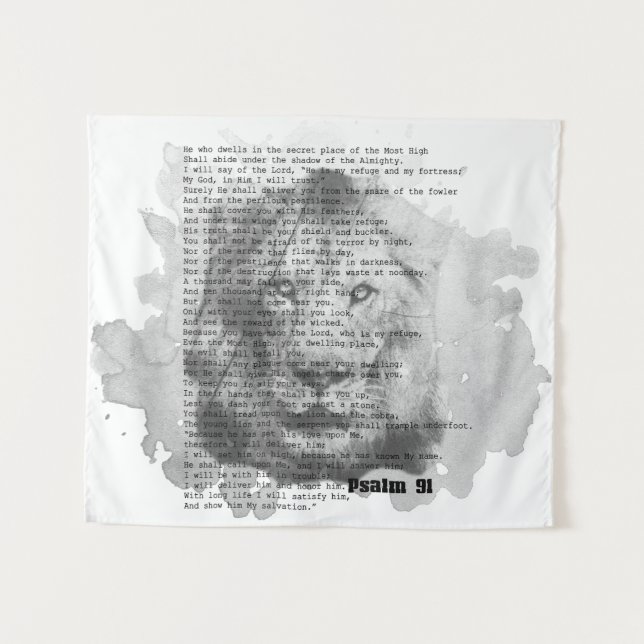 Psalm 91 Wall Art Black and White Lion Tapeçaria (Frente (Horizontal))