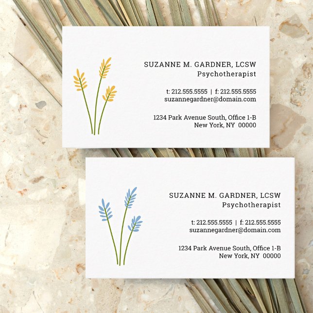 Psicoterapeuta Simples Cartão de visita de Flor Am (Two therapist business cards with simple yellow or blue flowers.)