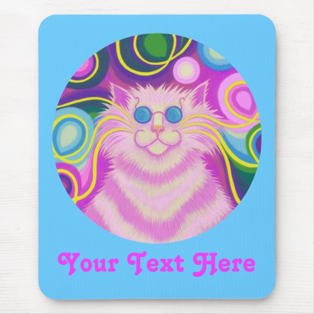 Psy-cat-delic pink round 'Your Text' blue mousepad (Frente)