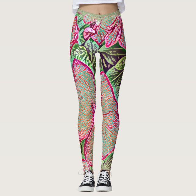 Psychedelic Caladium Leaf Botanical Print Leggings (Frente)