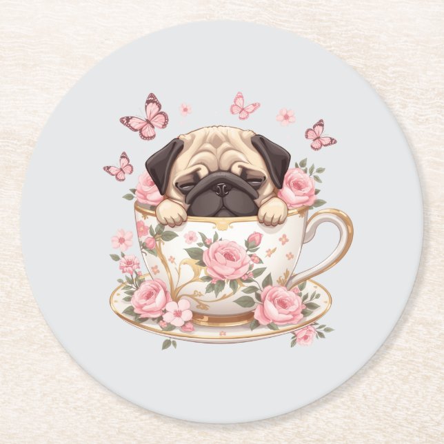 Pug Blossom Dreams Porta-copos – Bebida Cute Flora (Frente)
