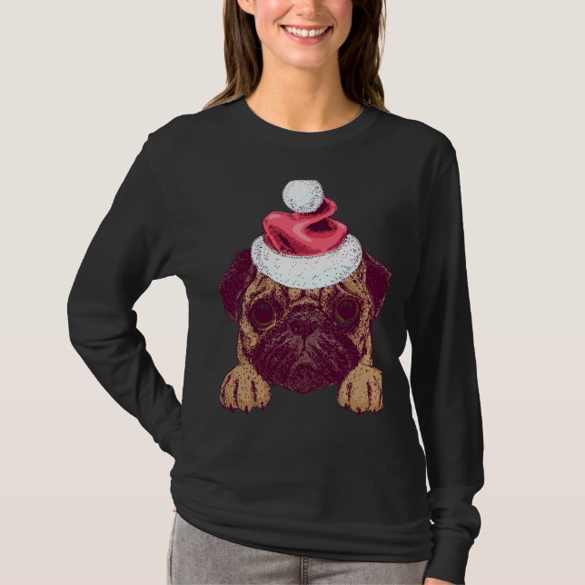 Pug Bonito em Camisa Clássica de Natal Santa Hat (Frente)