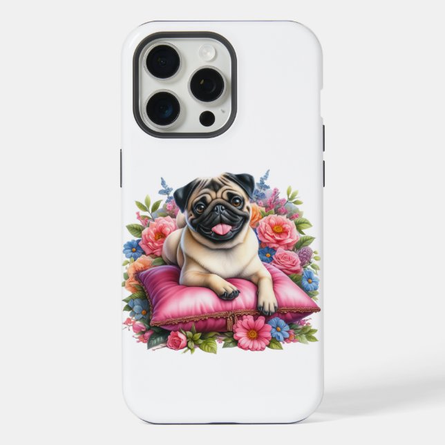 Pug Dog em um Travesseiro com Flores em Aquarela (Verso)