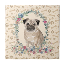 Pug Dog Paw Imprima Beige Floral