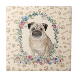 Pug Dog Paw Imprima Beige Floral