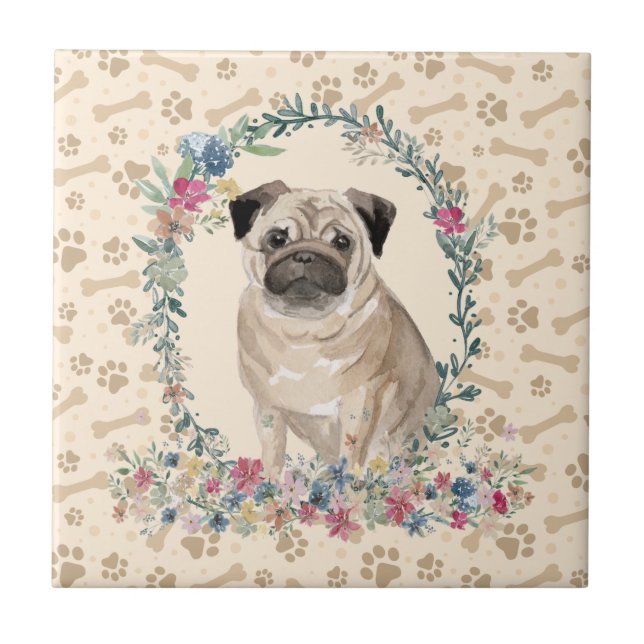 Pug Dog Paw Imprima Beige Floral (Frente)
